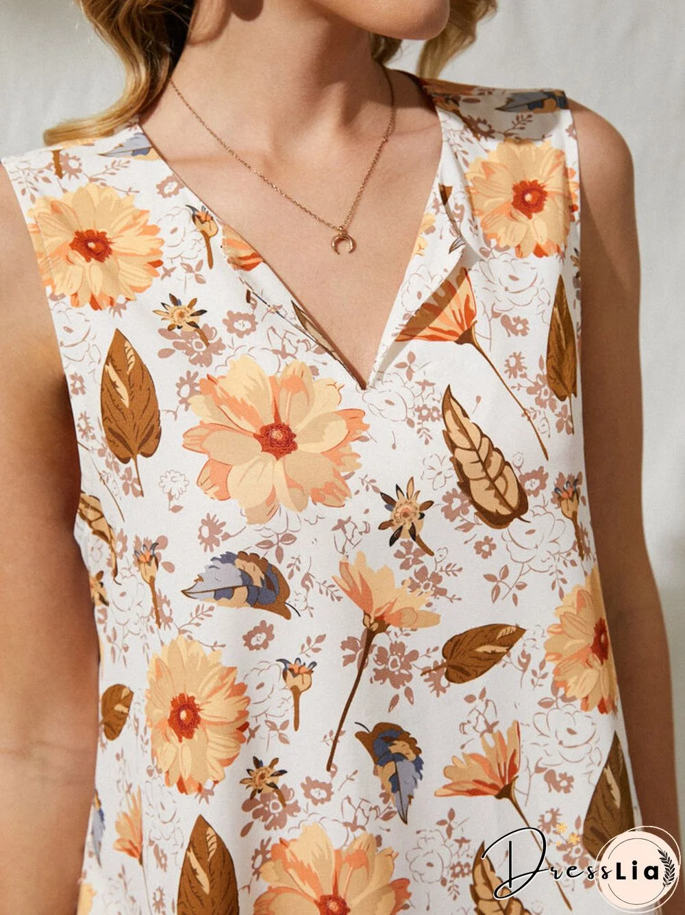 Flower Leaves Print V-neck Sleeveless Women Loose Maxi Dress