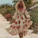 Women's Vintage Romantic Rose Embroidery Art Comfy Knitted Maxi Dress - Image 2