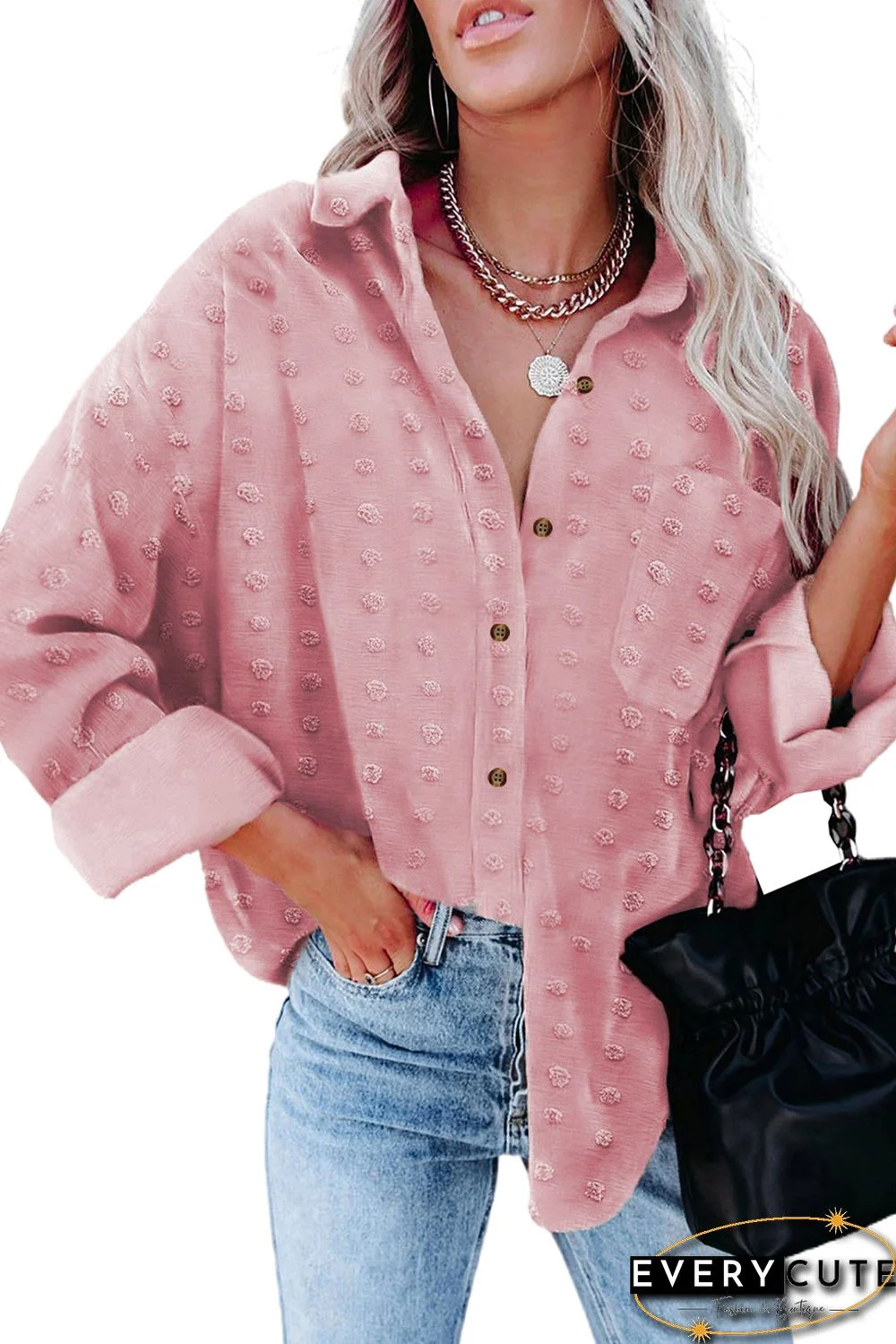 Pink Swiss Dot Buttoned Pocket Long Sleeve Shirt