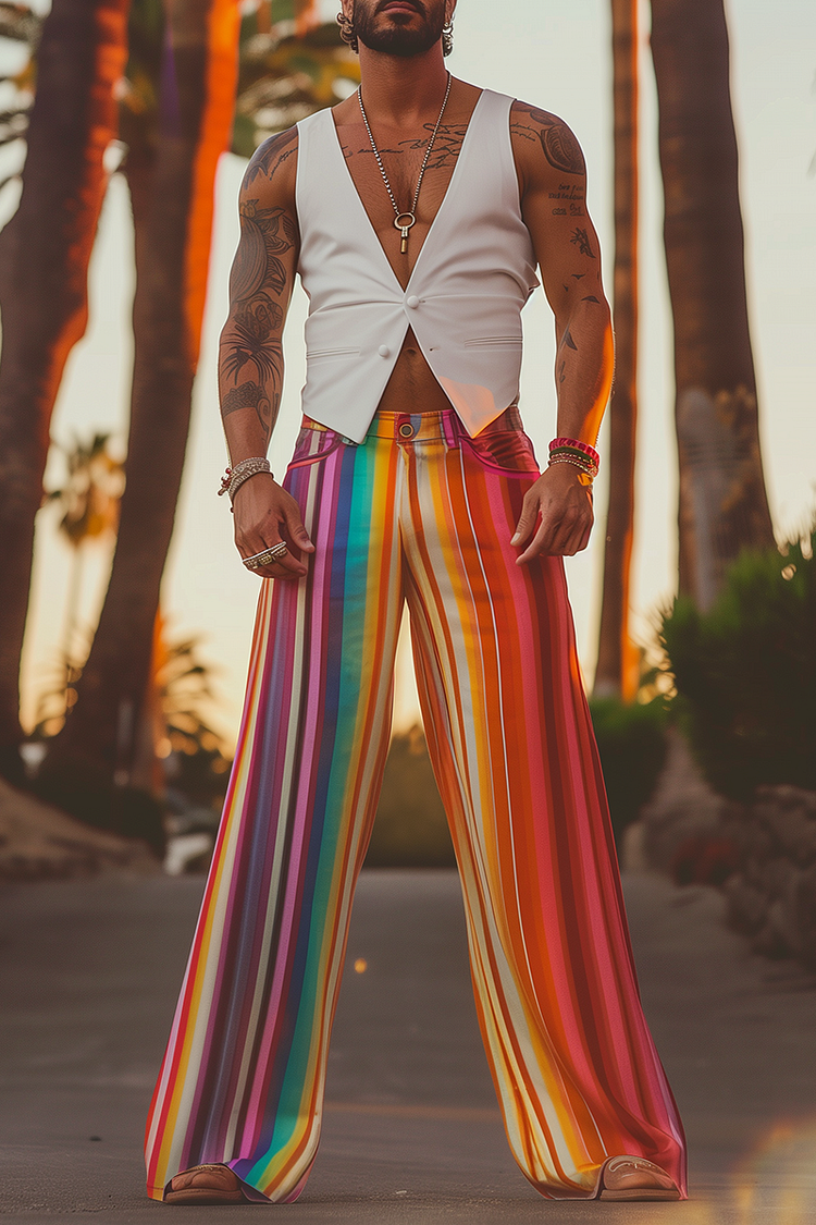 Ciciful Rainbow Stripe Print Festival Wide Leg Pants