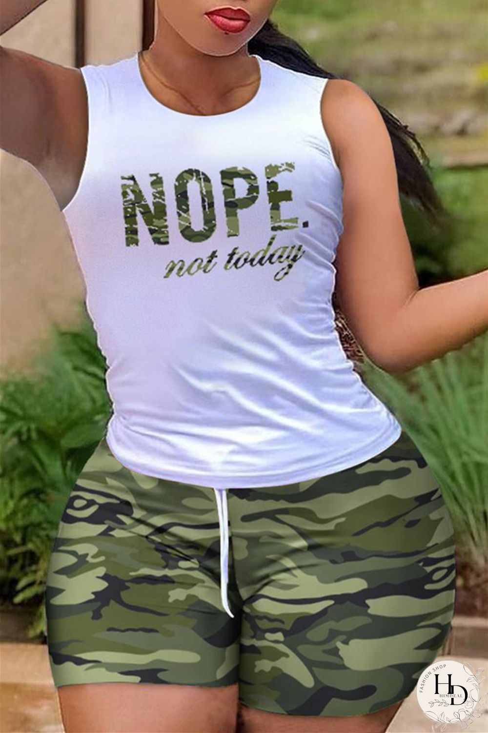 Camouflage Street Sportswear Basis Print Vests Printing Contrast O Neck Sleeveless Two Pieces