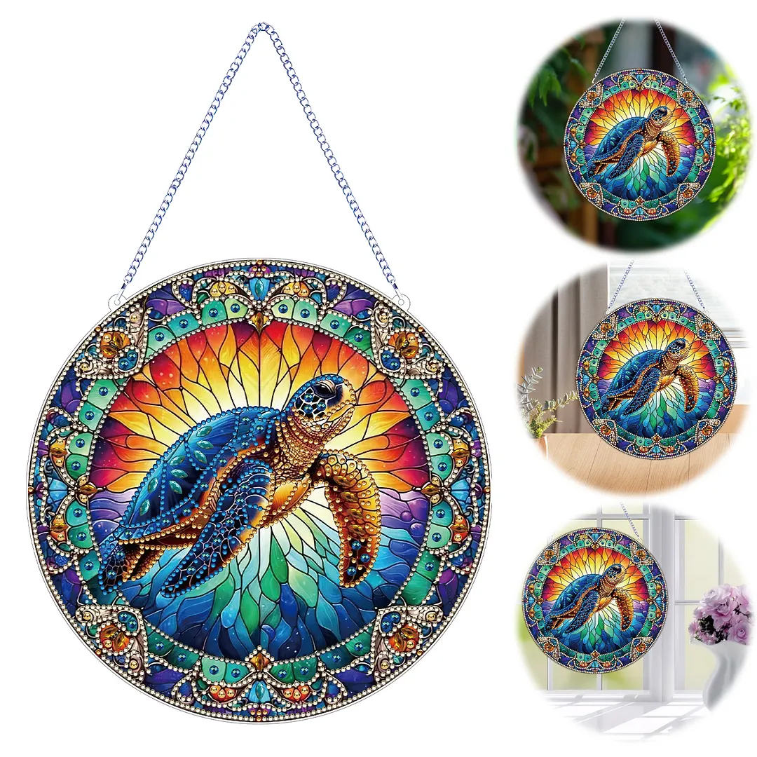 2D Flat DIY Stained Glass Turtle Suncatcher Diamond Painting Art Pendant
