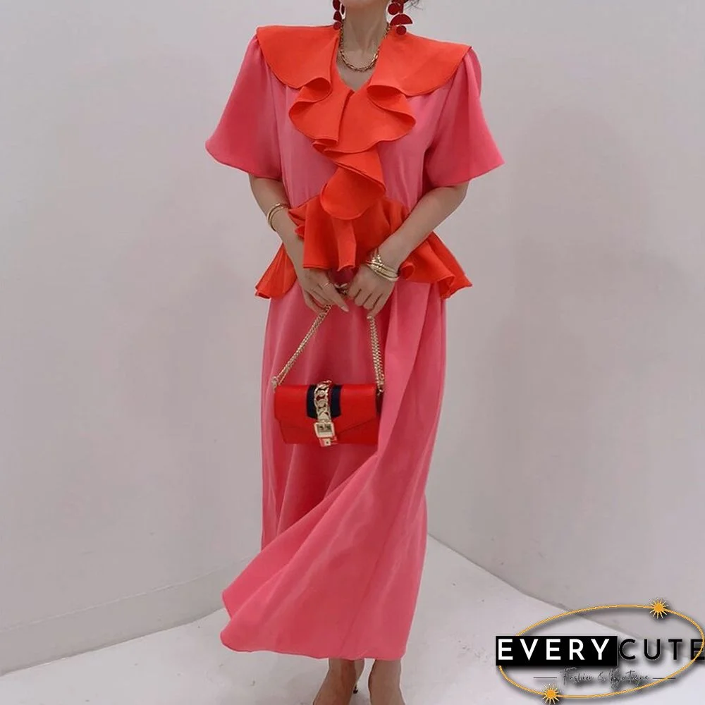 French elegant design sense ruffled contrast color dress women