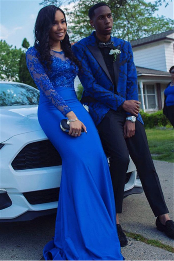 Elegant Black Lapel Homecoming Suits for Prom With Royal Blue Jacquard - lulusllly