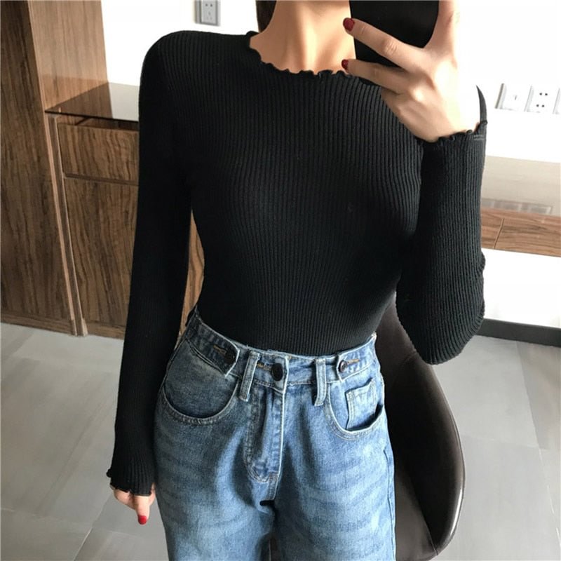 O Neck Ruched Women Sweater High Elastic Solid 2021 Fall Winter Fashion Sweater Women Slim Sexy Knitted Pullovers Pull Femme