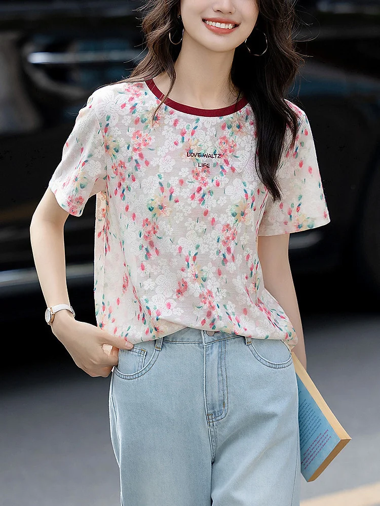 Athvotar Athvotar Summer Design Feeling Slammed Collar Bottom Shirt Loose Breathable Letter Embroidered Short-Sleeved Women's T-Shirt