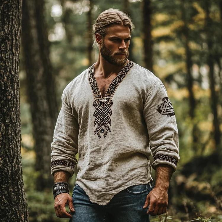 Vintage Viking Runes Celtic Mythology Linen Blend Loose V-neck Shirt