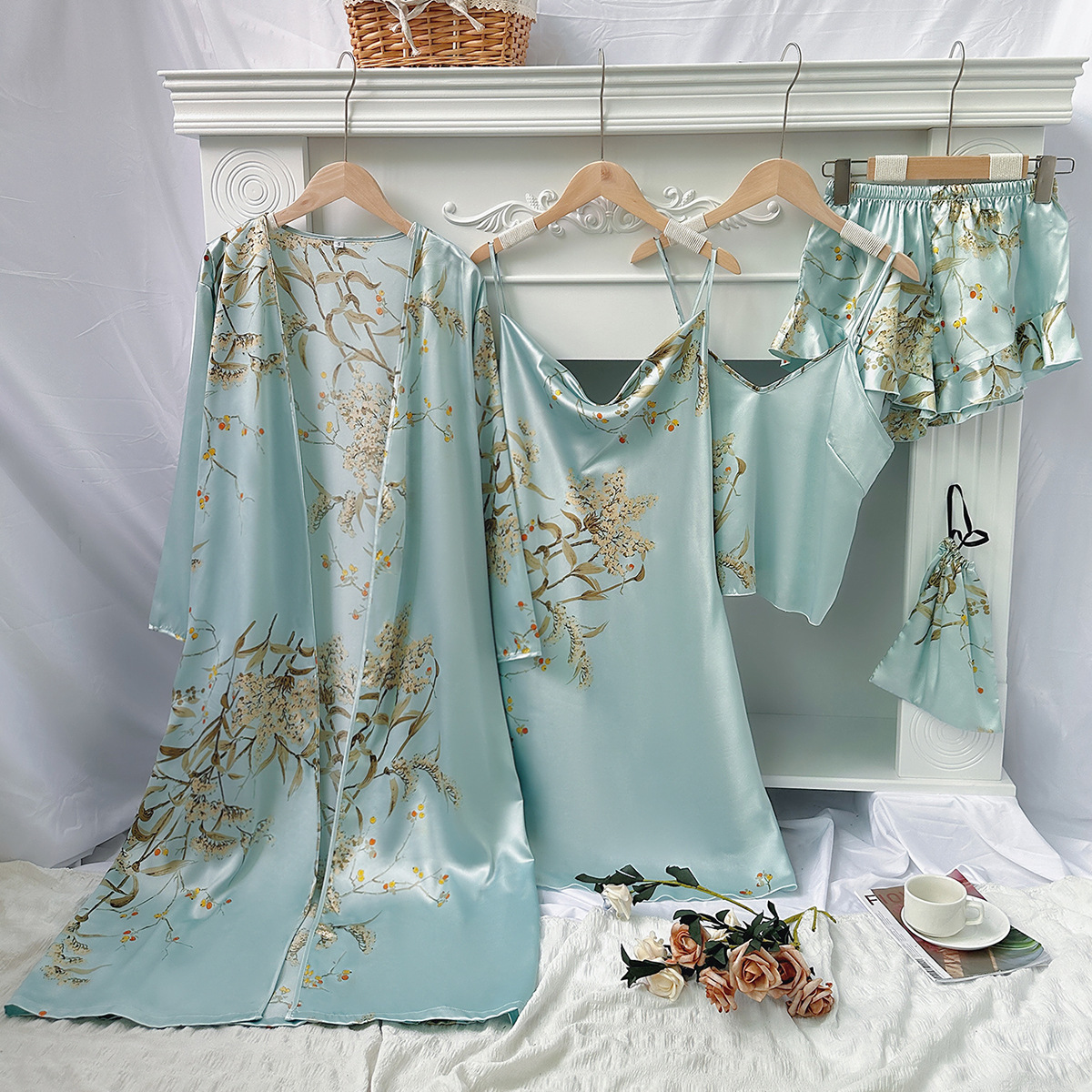Areship Pink Print Flower 5PCS PAJAMAS SET Ice Slik Satin Home Clothing Robe&skirt&top&shorts Summer New Lingerie Lady Sexy Nightwear