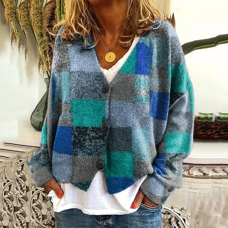 Vintage Geometric Print V-Neck Knitted Cardigan
