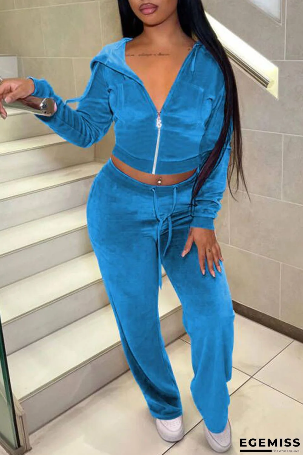 Blue Fashion Casual Solid Zipper Hooded Collar Long Sleeve Two Pieces | EGEMISS