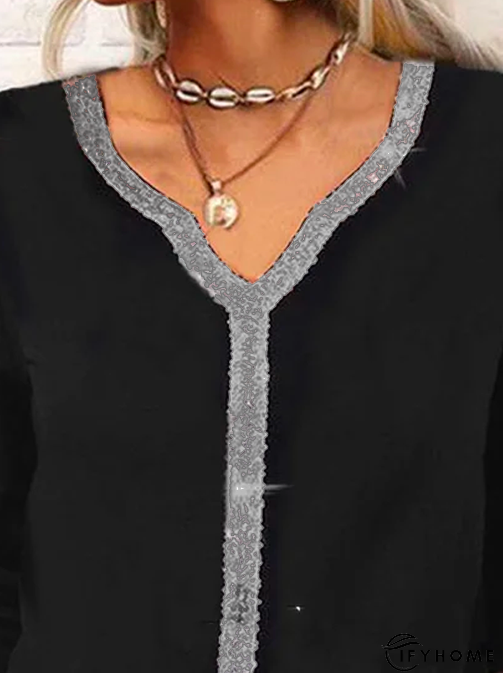 Casual V Neck Plain Long sleeve Loose T-Shirt | IFYHOME