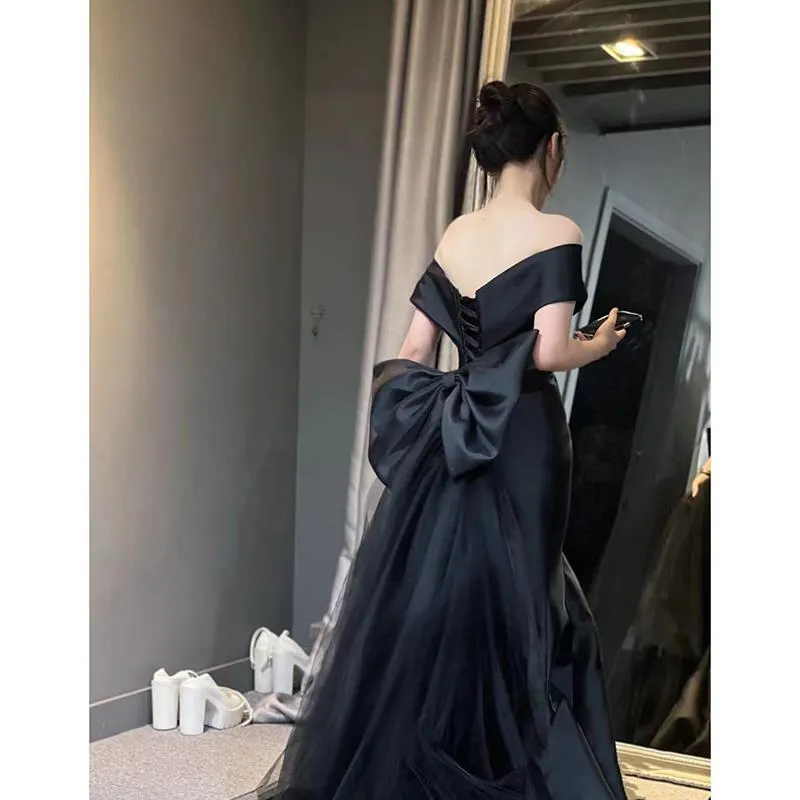 Brownm Black Evening Dress Women's 2025 New Word-Shoulder High-End Dinner Light Luxury Small Fishtail Dress High Sense