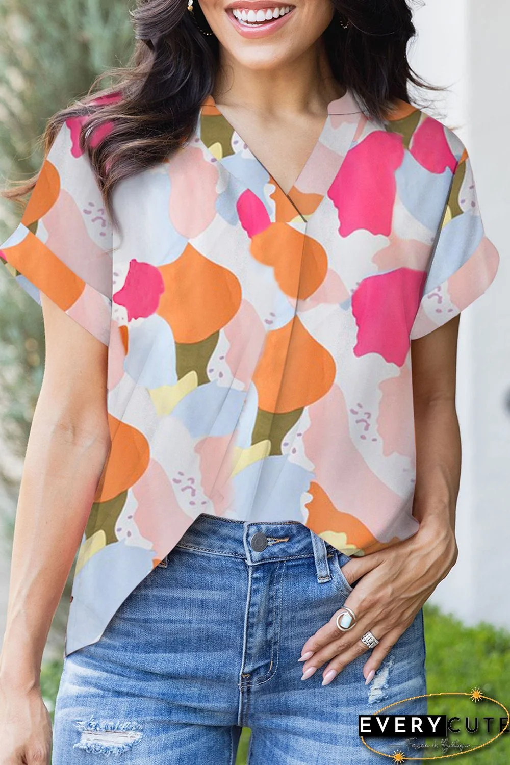 Multicolor Boho Floral Print V Neck Short Sleeves Top