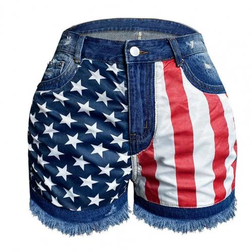 Women Denim Shorts High Waist Skinny American Flag Print Jeans Shorts Tassels Pockets Holes Jeans Denim Shorts Streetwear