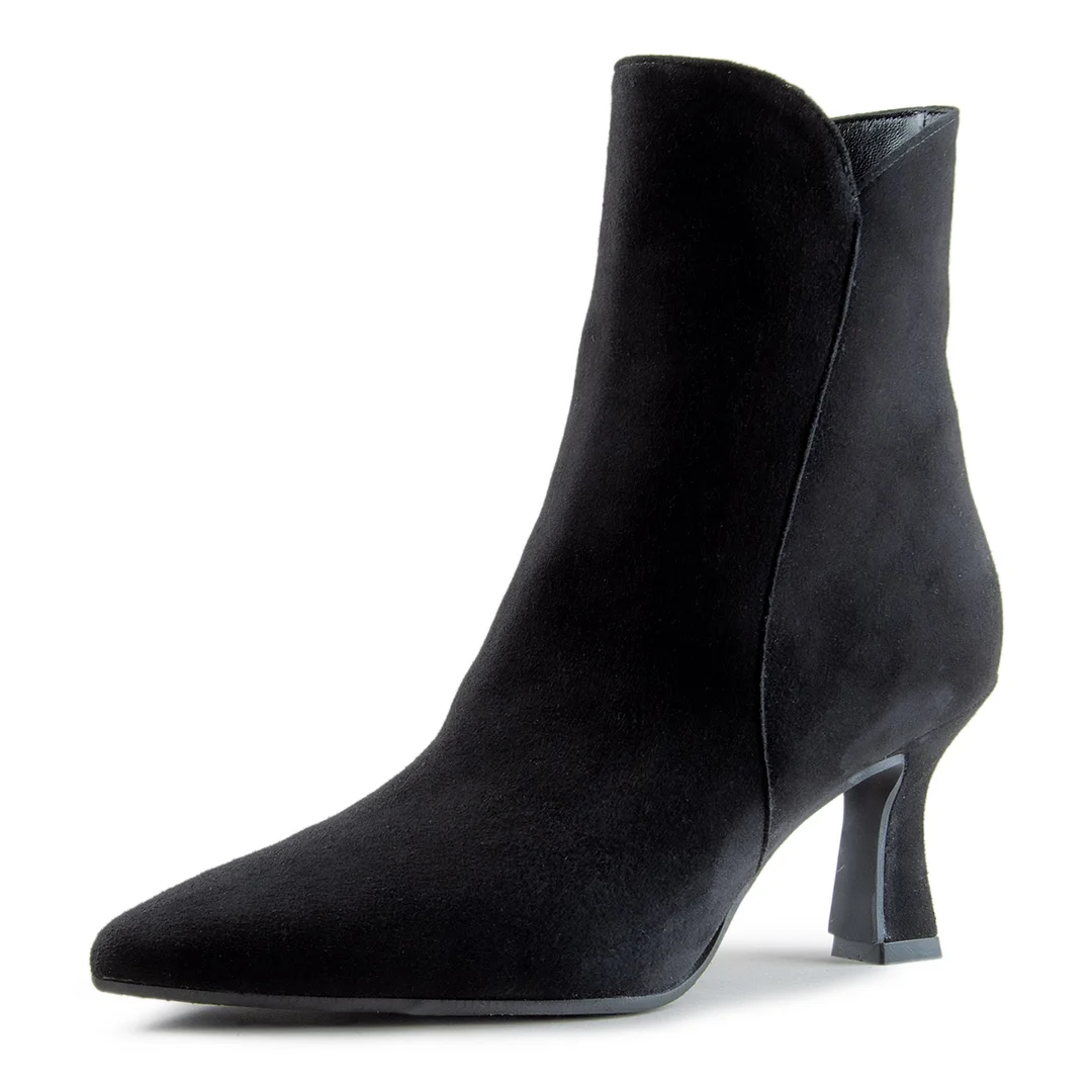 Vegan Suede Pointed Side-Zip Black Ankle Boots with Flared Heel