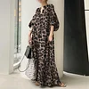 Leopard Prints Stand Collar Bubble Sleeves Casual Bohemian Shirt Dress