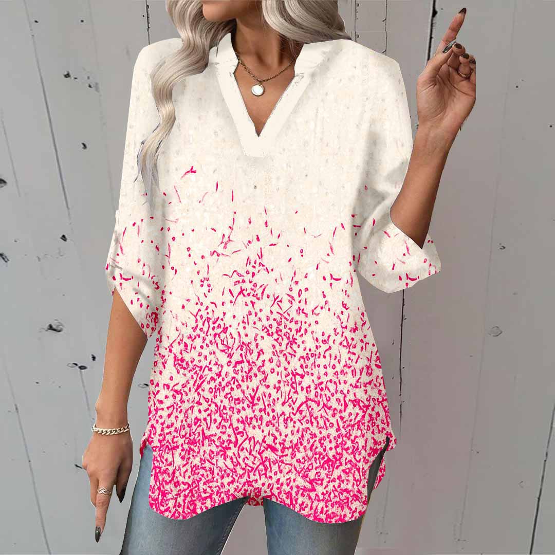 Women Polka Dot, Red DZGA0470 3/4 Sleeve V-neck Printed Graphic Button Tops