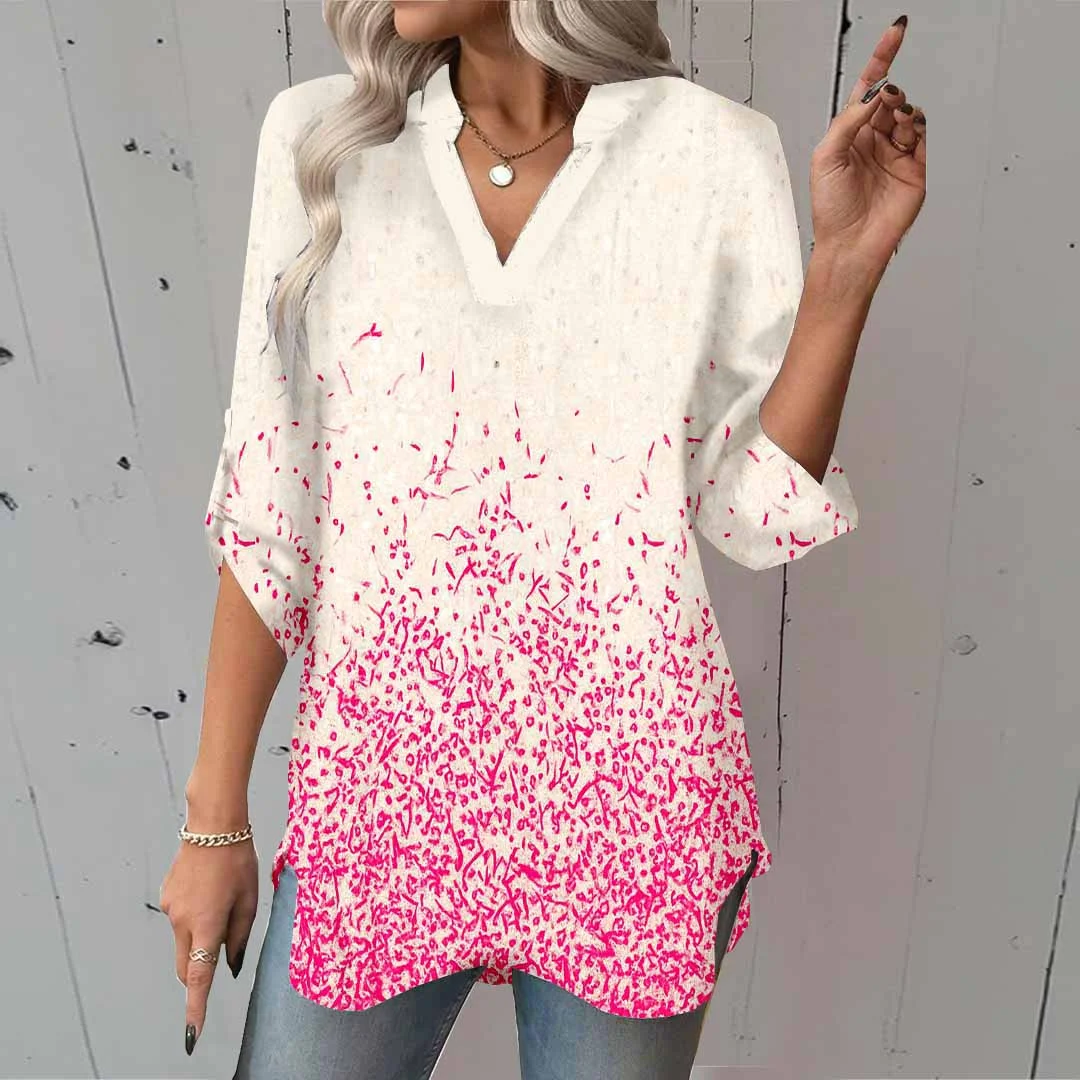 Women Polka Dot, Red DZGA0470 3/4 Sleeve V-neck Printed Graphic Button Tops