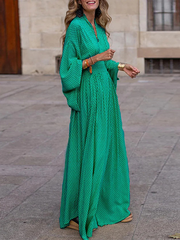 Split-Joint Pleated Raglan Sleeve V-Neck Maxi Dresses GREEN-XL