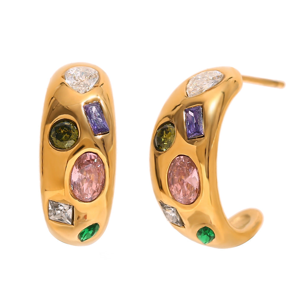 Ins Personality Micro-Inlaid Earrings Stainless Steel Plated 18K Gold Geometric Colored Zircon Moon Earrings