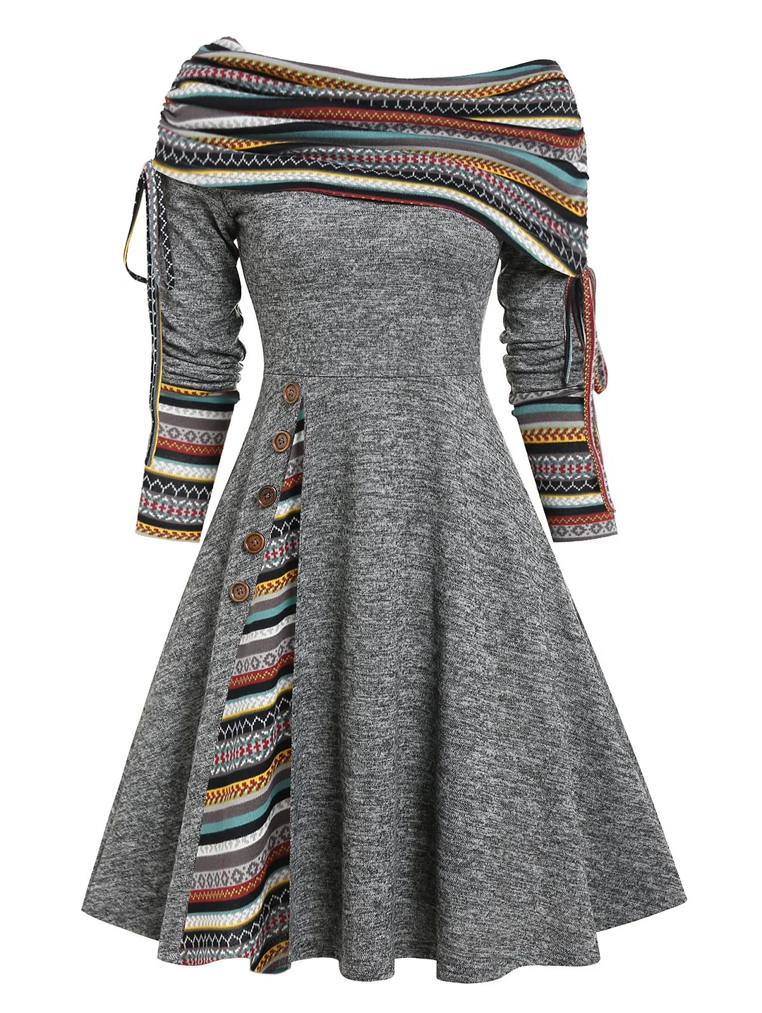 Jangj Cinched Striped Flare Dress Foldover Off The Shoulder Knitted Dresses Women 2022 Long Sleeve Jurken
