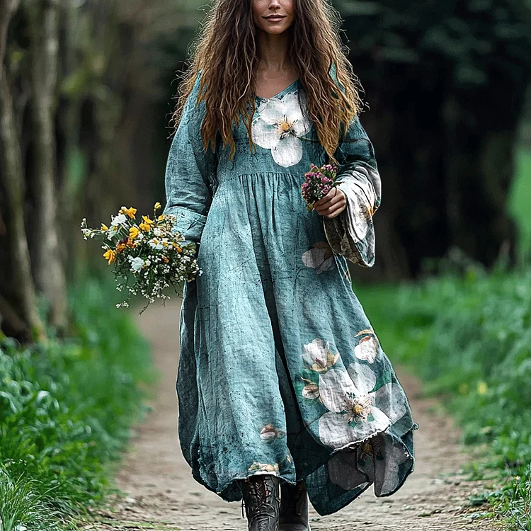 Women's Vintage Bohemian Floral Patch Cotton And Linen Dress
