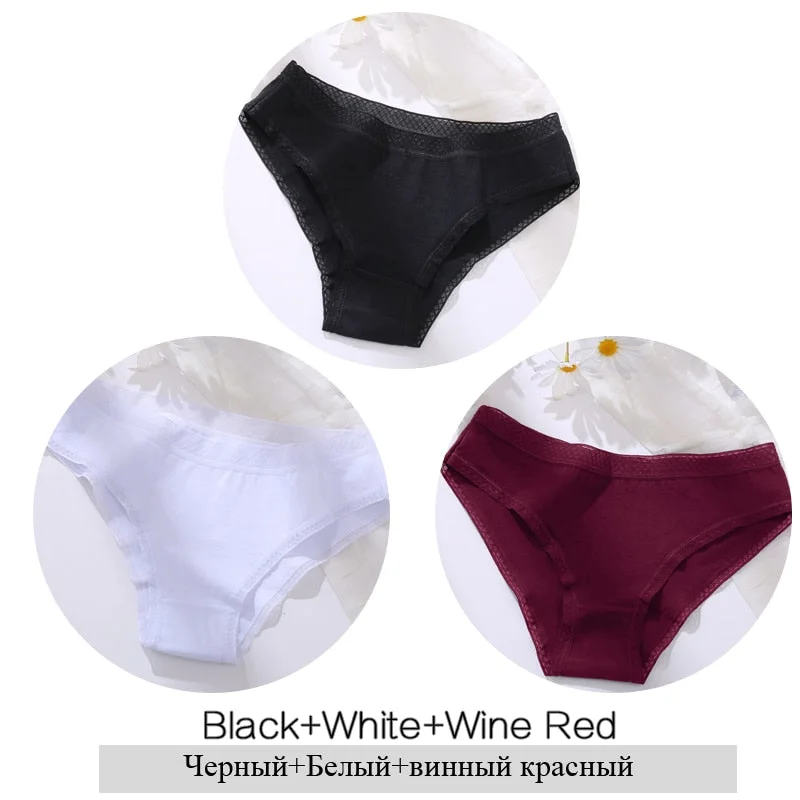 FINETOO Women Cotton Panties Sexy Lace Briefs 3Pcs/set Ladies Low Waist Underpants Comfortable Girls Underwear M-2XL Lingerie