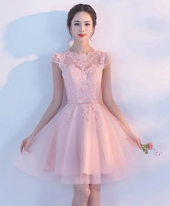Pink A Line Tulle Lace Short Prom Dress, Homecoming Dress