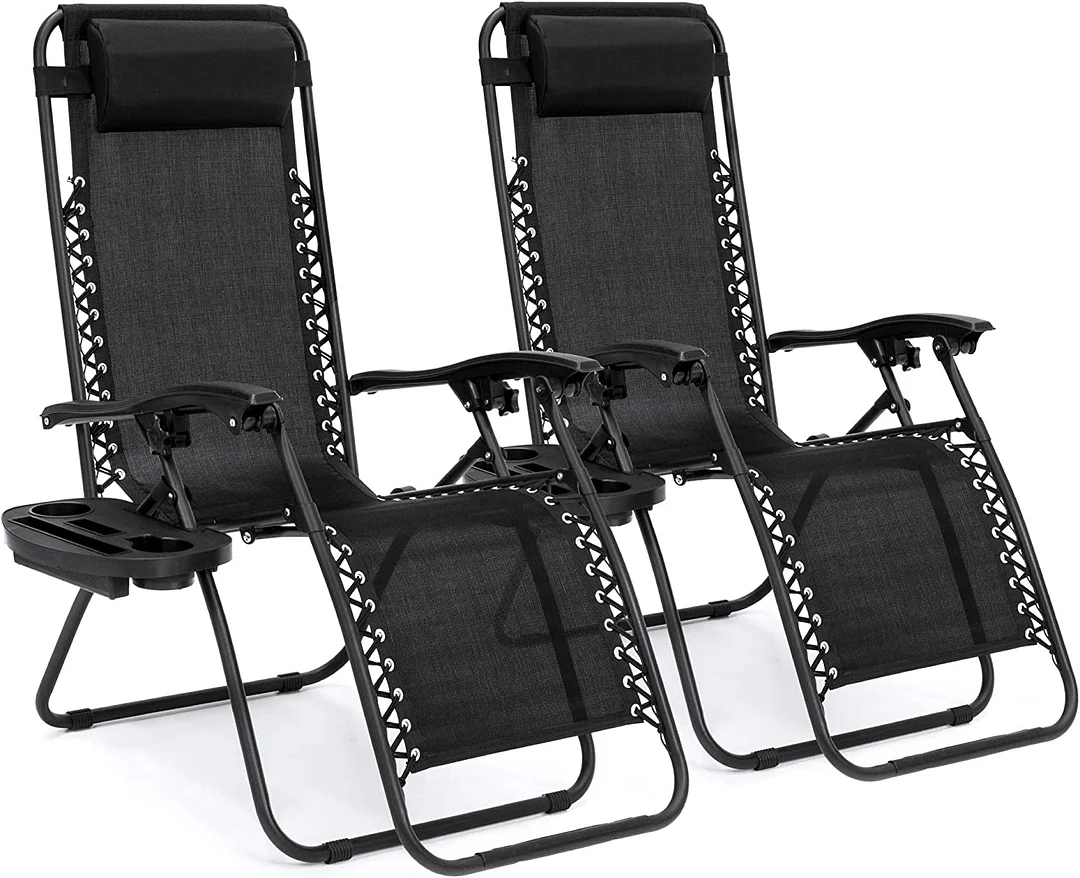 Set of 2 Adjustable Steel Mesh Zero Gravity Lounge Chair Recliners w/Pillows and Cup Holder Trays
