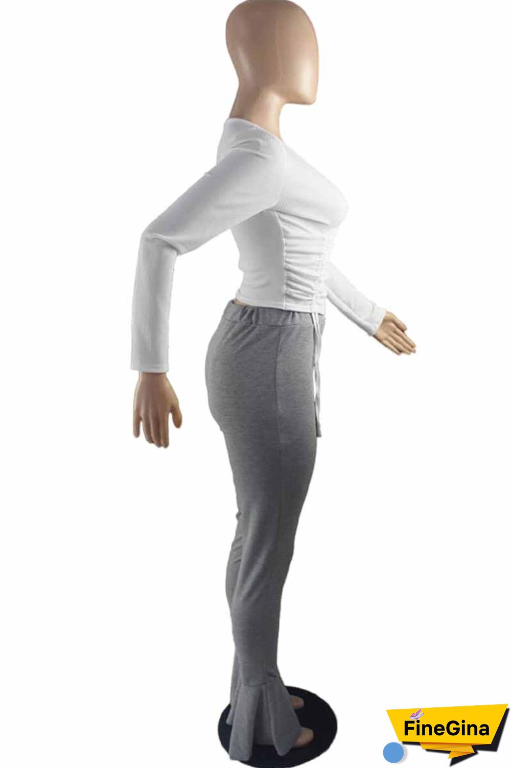 White Grey Casual Print Letter V Neck Long Sleeve Two Pieces