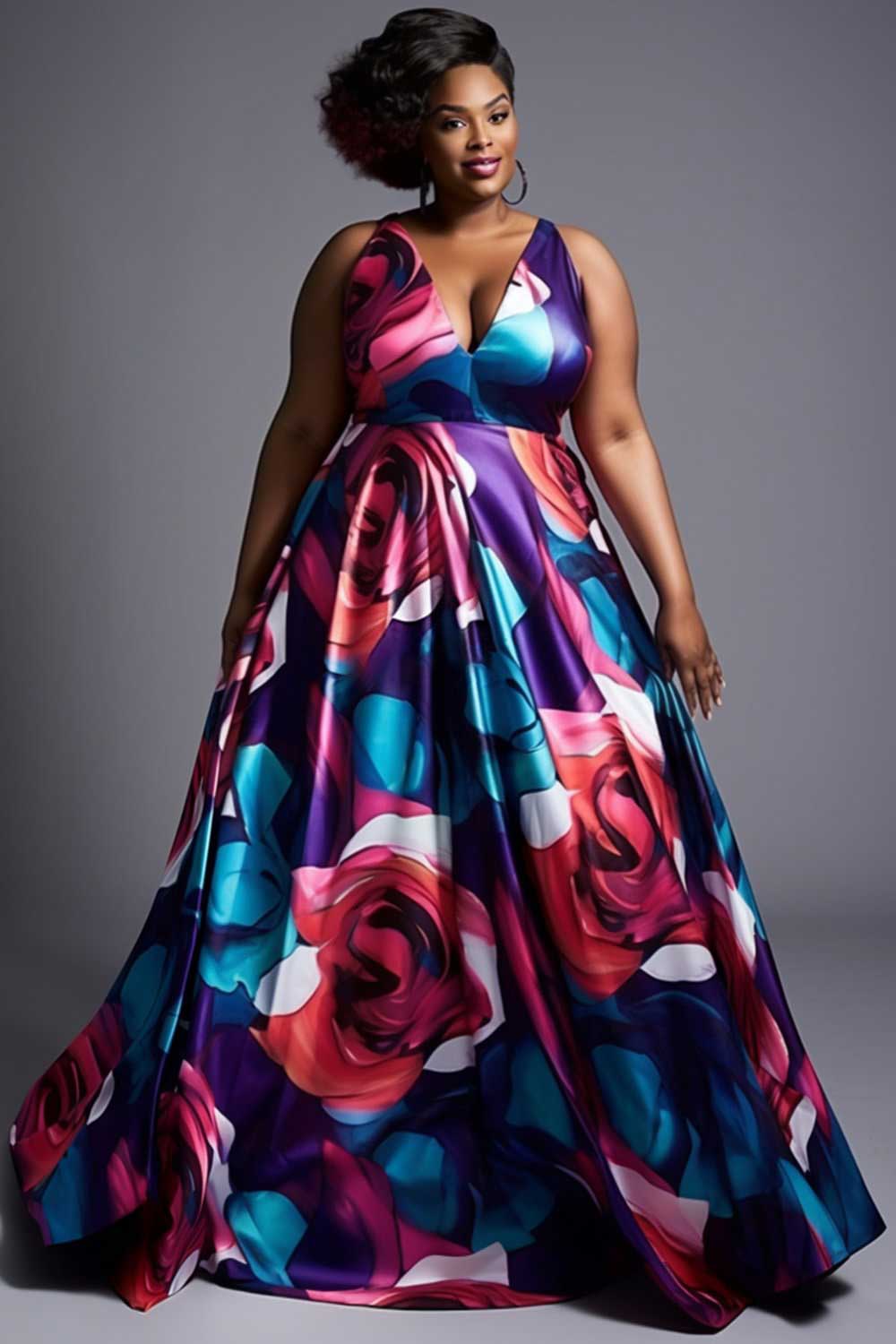 Design Plus Size Formal Elegant Multicolor Floral V Neck Satin Maxi Dresses [Pre-Order]