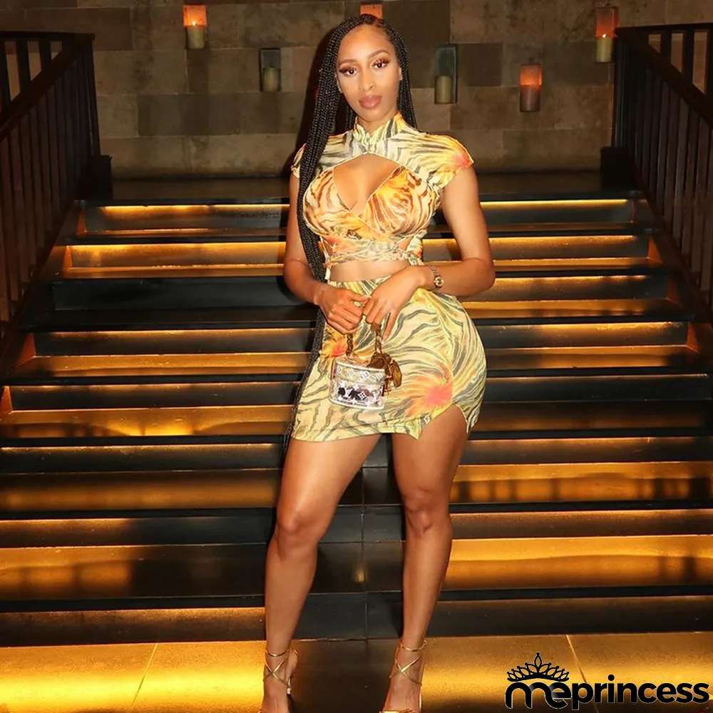 Women's Summer Printed Wrap Crop Top + Skirt Casual Set