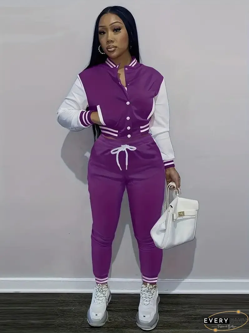 Stylish Women's Matching Set with Button-Up Bomber Jacket and Drawstring Pants