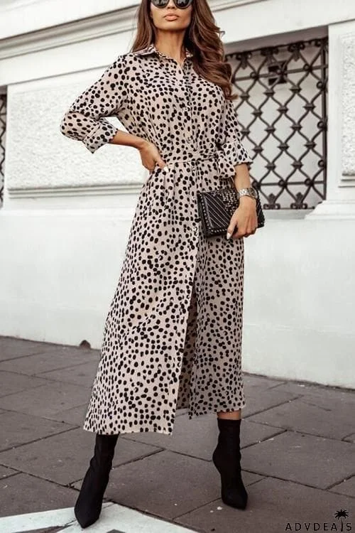 Print Button Bleted Long Sleeve Shirt Dress