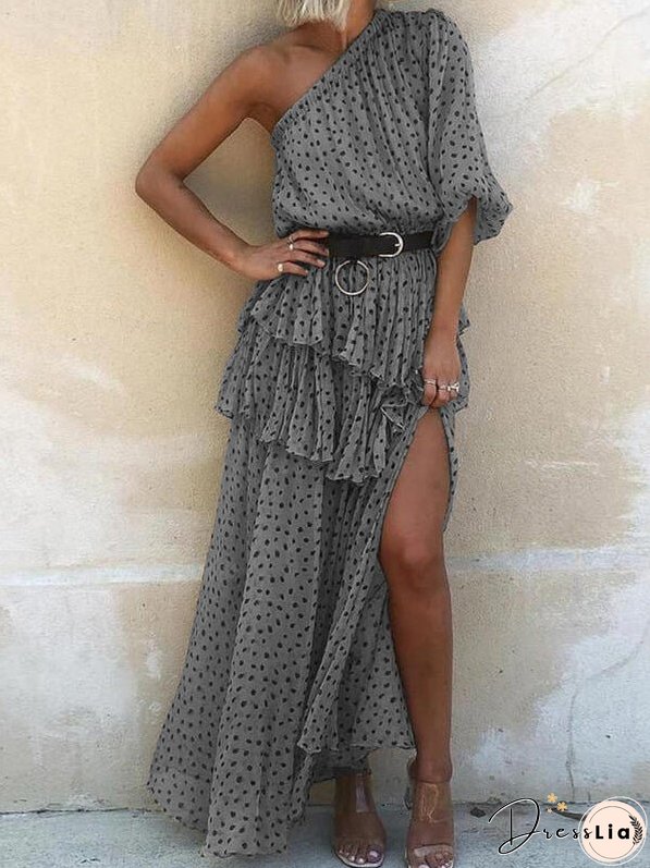 Women's Dresses Polka Dot Print Sloping Shoulder Split Chiffon Dress