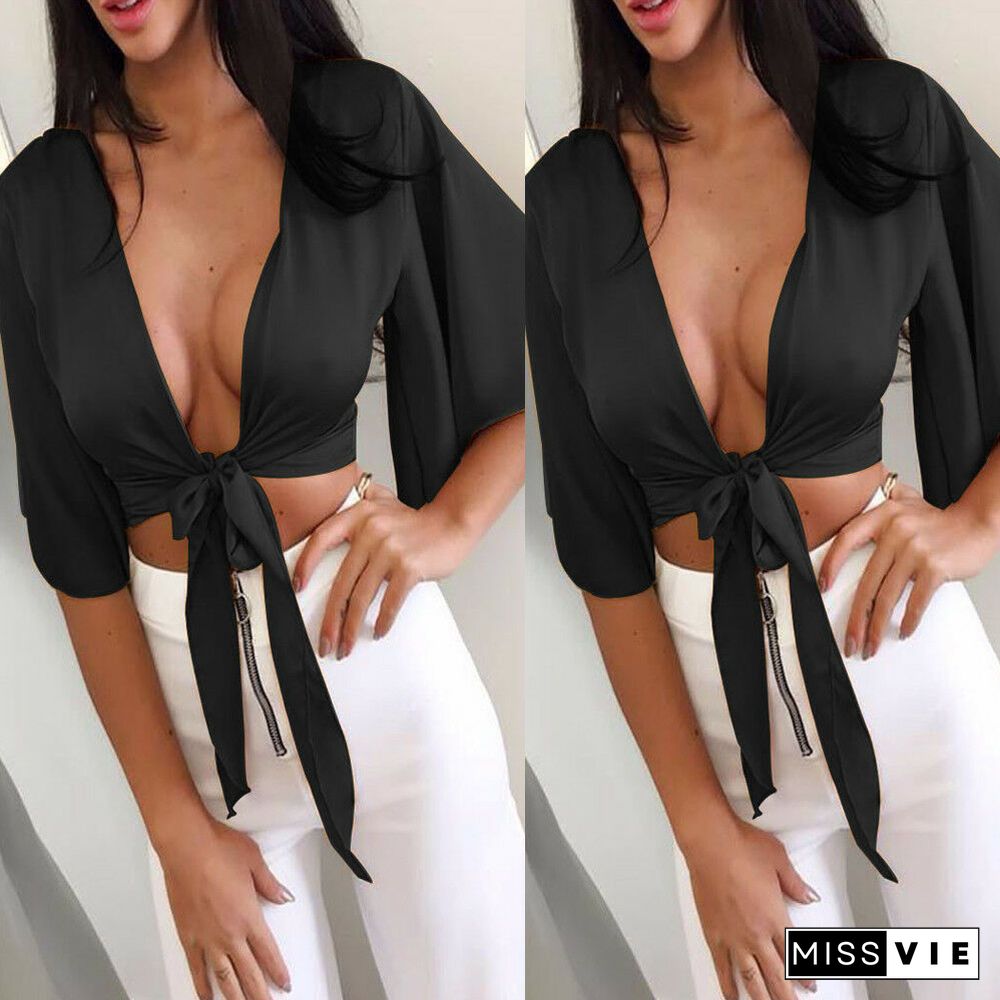 Womens Floral Ladies V Neck Tie Knot Front Flared Sleeve Plunge Neck Crop Top