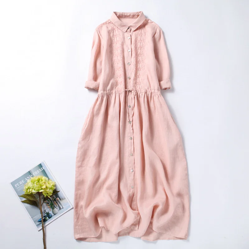 Vintage Floral Embroidery Printed Cotton Linen Casual Midi Dress