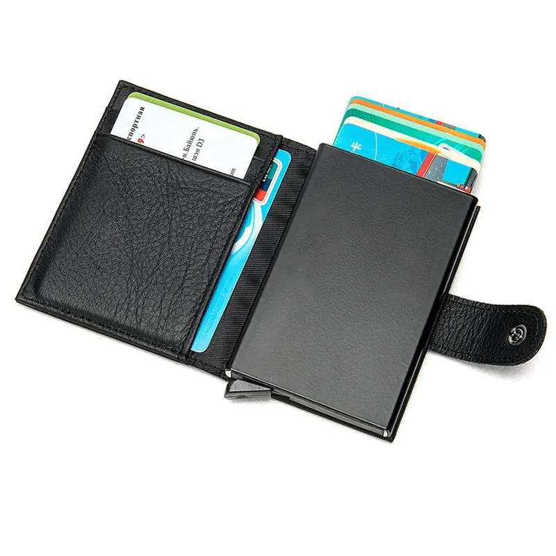 Simple Design RFID Protection Magnetic Closure Two Fold Genuine Leather Card Holder Mini Wallet