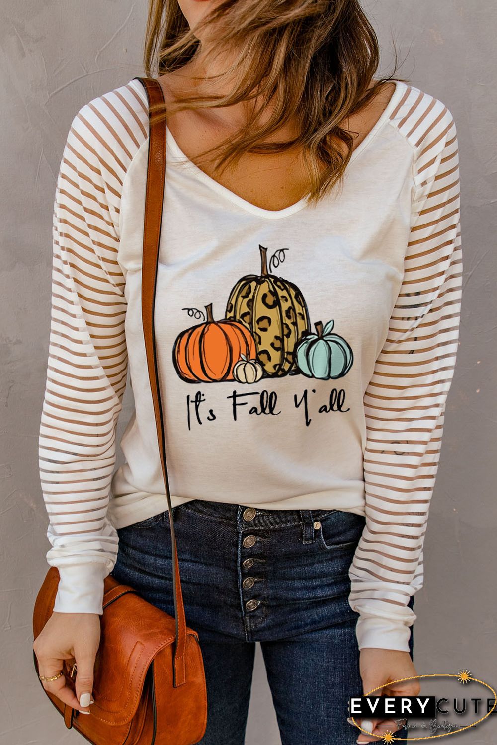 White Cute Fall Pumpkin Graphic Sheer Striped Long Sleeve Top