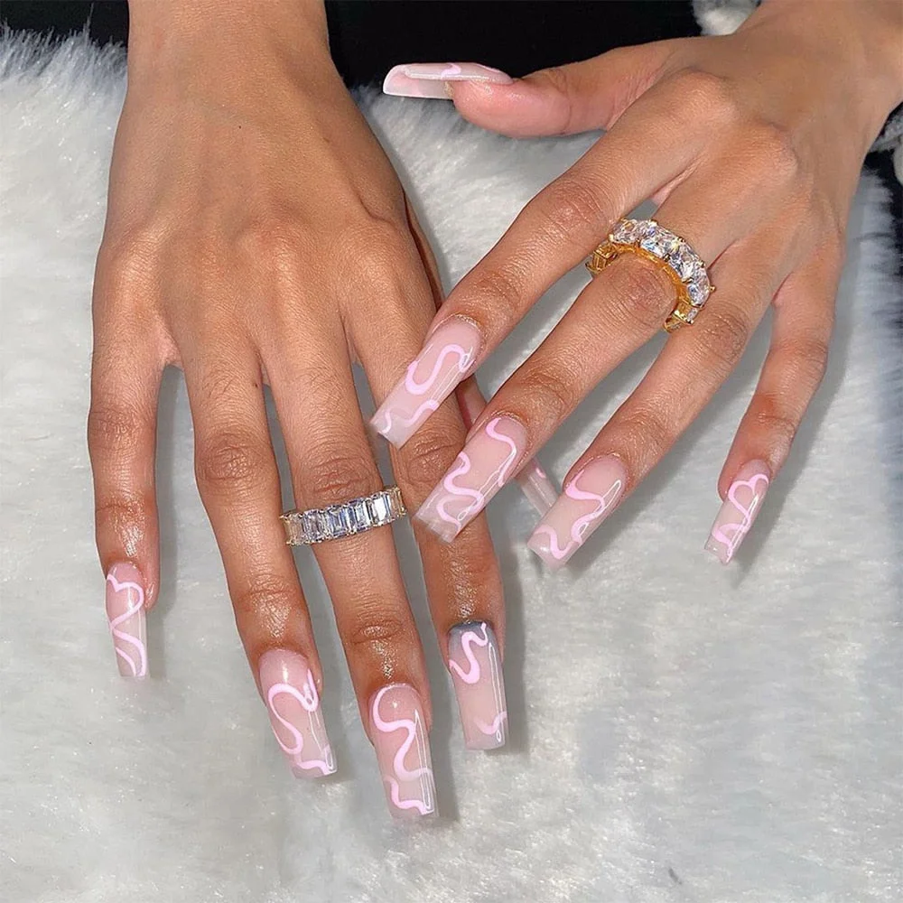 European Long Coffin Fake Nails Simple Nude Pink Wave Pattern Fingernail Makeup Full Acrylic Ballerina Nail Art Tips 24pcs/Box