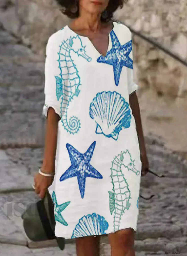 Women's Sea Star Print V Neck Dress 