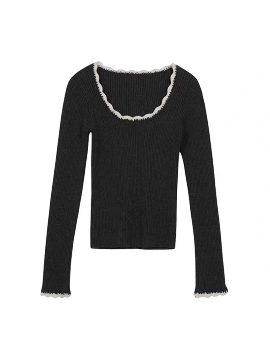 Brownm Gray Long Sleeve Knit Top with Contrast Color Hem