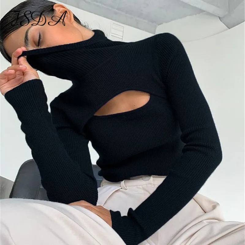 FSDA Long Sleeve 2020 Turtleneck Hollow Out T Shirt Women Black Basic Knitted Top Autumn Winter Casual Sexy Top Shirts Fashion