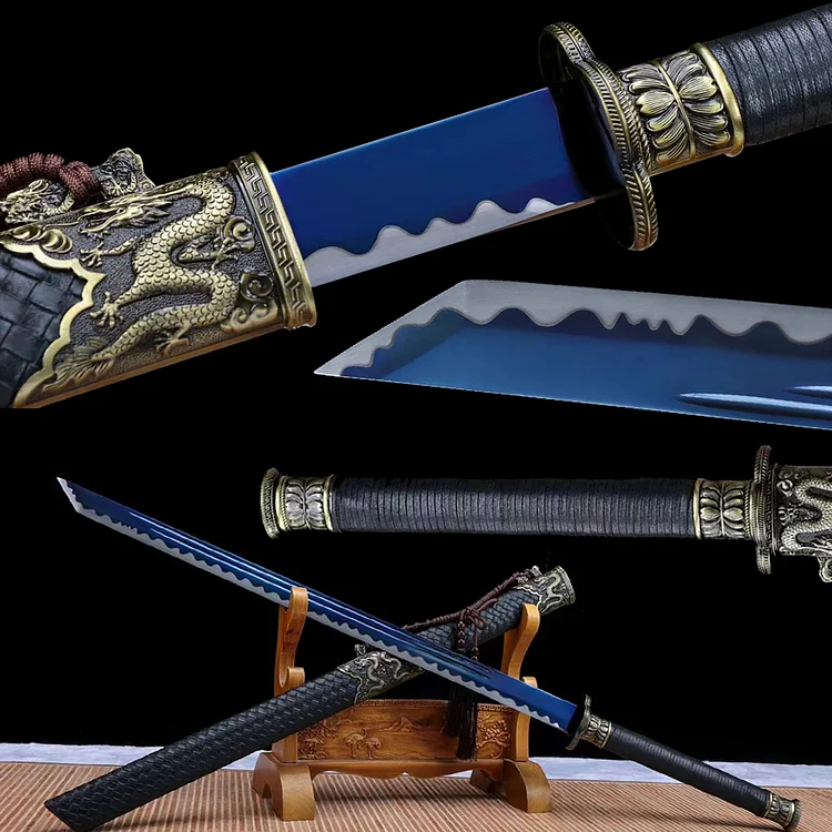 black Leather scabbard Samurai sword,Dragon sculpture pattern copper tsuba katana,Baked blue knife blade Japan handmade swords,anime katana Active