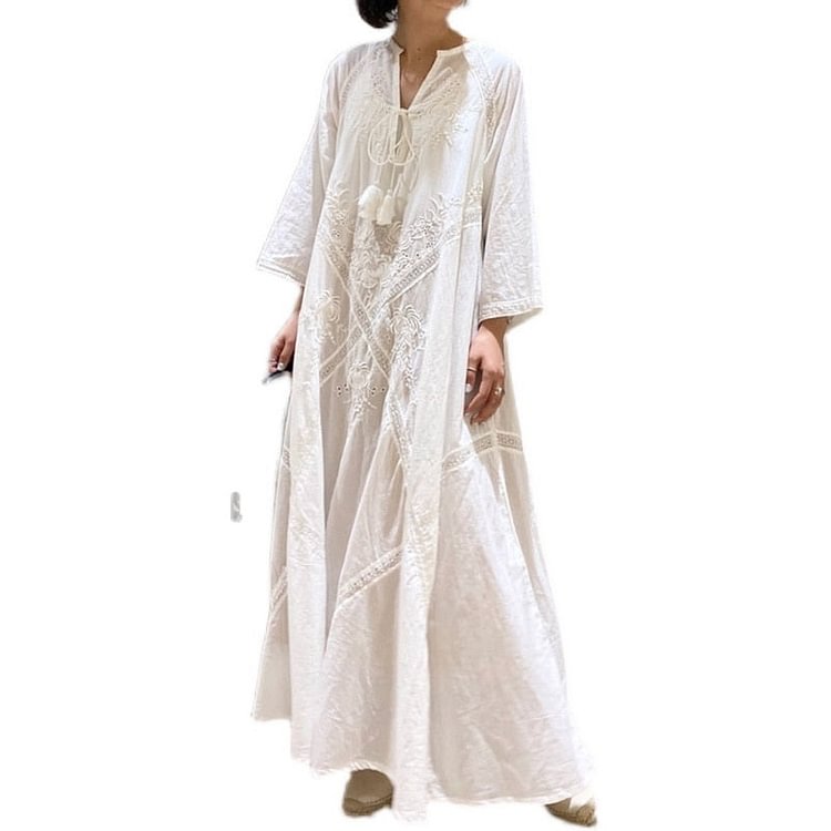 Boho V-neck Embroidery White Lace Long Beach Dress