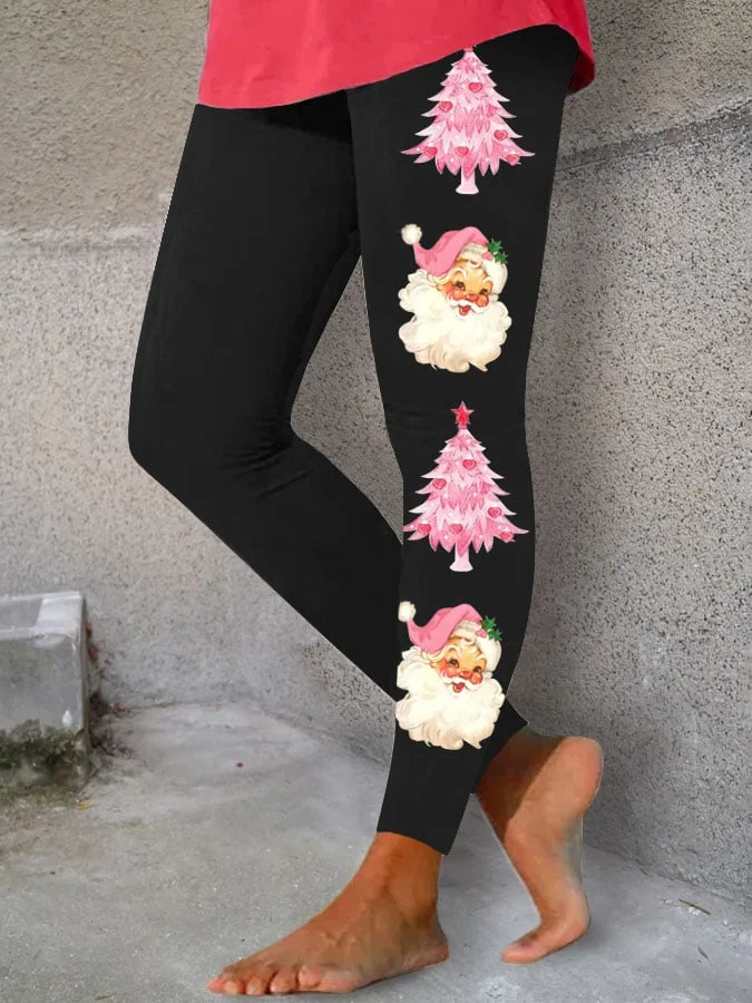 Women's Pink Christmas Christmas Tree& Santa Fun Print Print Leggings