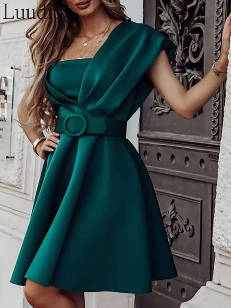 UForever21  Women Green One Shoulder Flared Party Dress With Belt