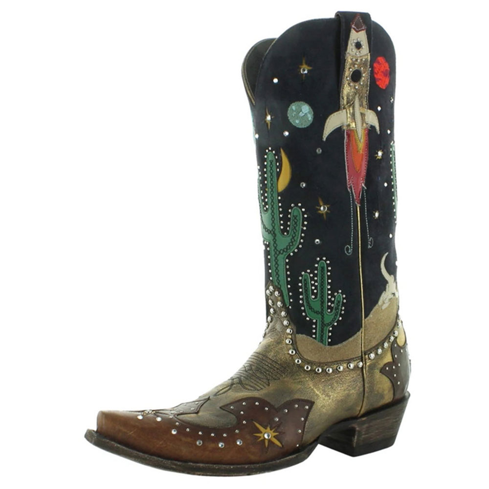 Black & Copper Snip Toe Crystal Studded Desert Statement Cowgirl Boots