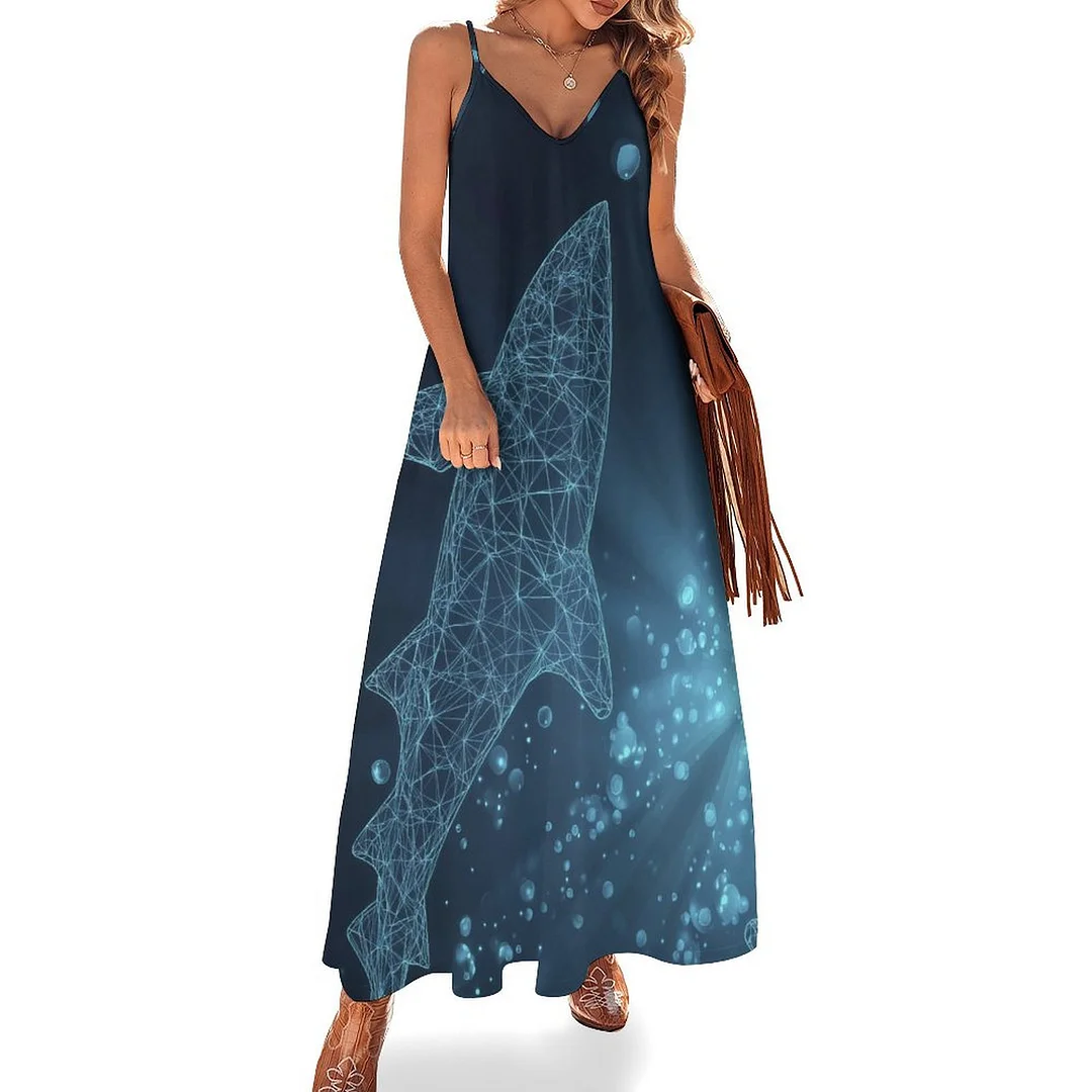 Style & Comfort for Mature Women Plus Size Printed Sling Casual Women Maxi Dress in Pattern Ocean, Blue, Sea, Fish