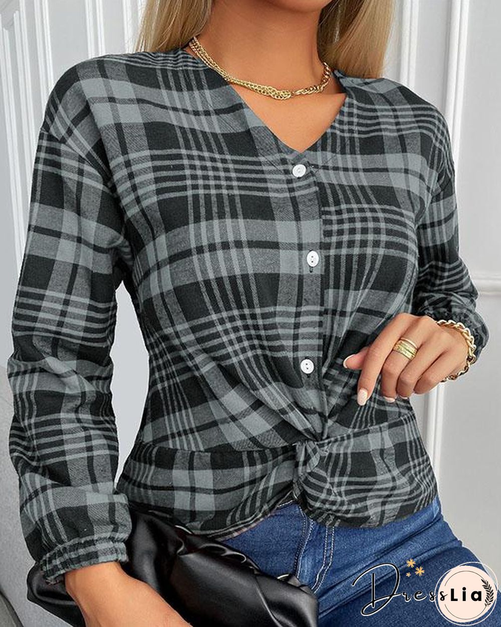 Women Button Plaid V Neck Pullover Shirt